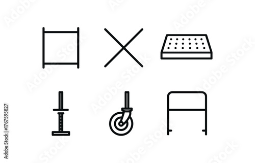 simple outline stroke icon isolated on white background frame scaffold piece cross brace set steel platform deck adjustable base jack rolling scaffold wheel guardrail frame