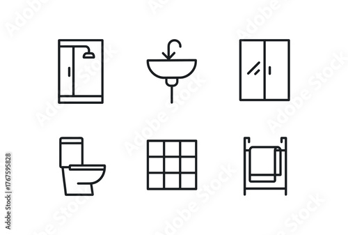 simple outline stroke icon isolated on white background compact shower stall mounted sink mirrored cabinet slim toilet tiled floor area towel rack over door