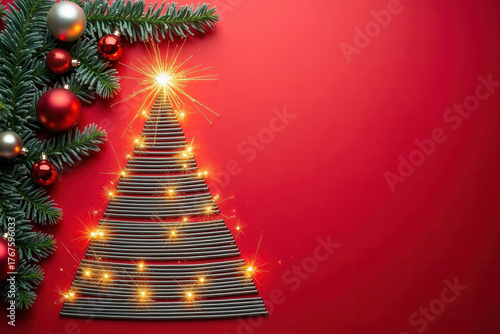 A creative wire Christmas tree with yellow bulbs and golden spark star on red background, accompanied by decorated fir branches in flat lay composition