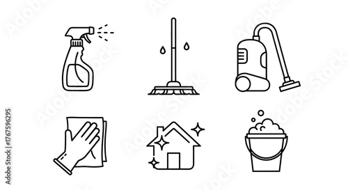Collection of simple line art icons representing household cleaning tools and supplies.