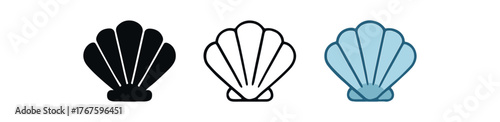 clam shape icon on white background Black silhouette flat icon outline icon and colored icon style. three minimal vector icon style