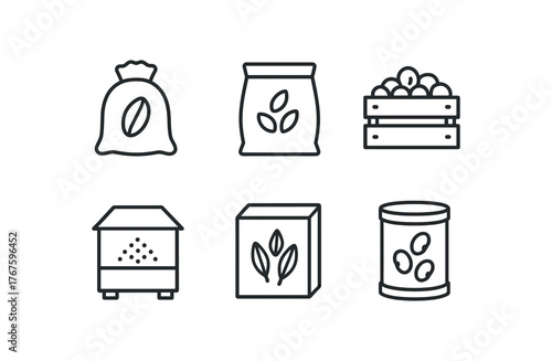 simple outline stroke icon isolated on white background oat flake sack bulgur wheat bag chickpea crate millet storage bin rye grain box soybean drum