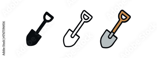shovel digging tool icon on white background Black silhouette flat icon outline icon and colored icon style. three minimal vector icon style