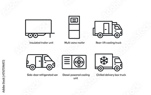 simple outline stroke icon isolated on white background insulated trailer unit multi zone reefer rear lift cooling truck side door refrigerated van diesel powered cooling unit chilled