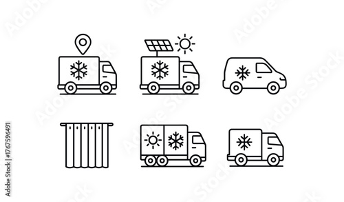 simple outline stroke icon isolated on white background GPS tracked reefer solar assisted fridge truck compact cargo freezer van thermal curtain interior dual temp trailer cold chain fleet