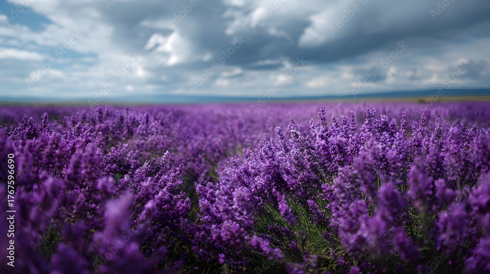 Obraz premium A vast field of blooming purple lavender stretches towards the horizon under a dramatic cloudy sky