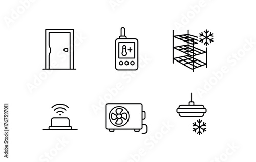 simple outline stroke icon isolated on white background cold room door seal temperature logging device freezer safe racking floor mounted sensor backup cooling unit frost resistant lighting