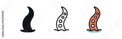squid tentacle sea icon on white background Black silhouette flat icon outline icon and colored icon style. three minimal vector icon style