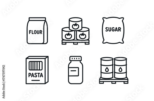 simple outline stroke icon isolated on white background bagged flour stack canned vegetable pallet sugar sack row boxed pasta case spice container bin shelf stable oil drums