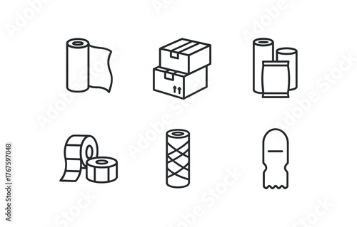 simple outline stroke icon isolated on white background food grade plastic wrap corrugated shipping boxes sealed pouch label sticker reels shrink wrap film tamper evident seals
