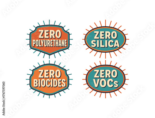 colorful vintage badge label set with bold retro typography and starburst rays flat vector illustration style isolated on white background effects containing phrases like Zero Polyurethane