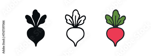 radish root bulb icon on white background Black silhouette flat icon outline icon and colored icon style. three minimal vector icon style