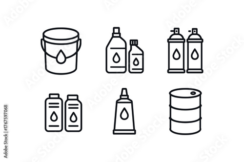 simple outline stroke icon isolated on white background hydraulic oil pail synthetic lube kits aerosol lubricant sprays multi viscosity packs anti seize compound tubes bulk refill drum