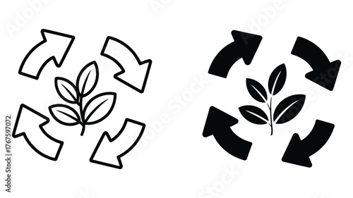 Recycle arrows with plant icon, symbolizing ecofriendly practices, sustainability, and environmental conservation in outline and solid styles