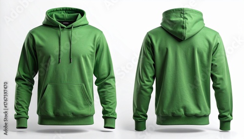 Una sudadera con capucha verde sencilla que se muestra desde las vistas frontal y posterior, aislada sobre un fondo blanco, ideal para exhibir el diseño de prendas y la maqueta de la marca. 