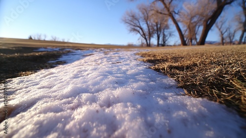 On the winter fairway, a narrow strip of melting snow presents the typical meticulous and vivid style of National Geographic, highlighting the subtle outdoor scenes of winter.