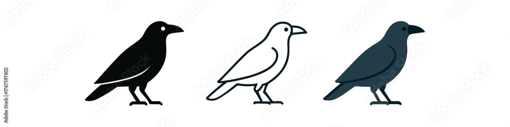 Fototapeta premium raven dark bird icon on white background Black silhouette flat icon outline icon and colored icon style. three minimal vector icon style