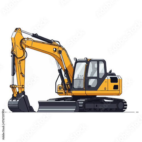 Yellow Excavator Heavy Construction Machine Isolated. Industrial Earthmoving Equipment for Digging and Site Work on White Background.