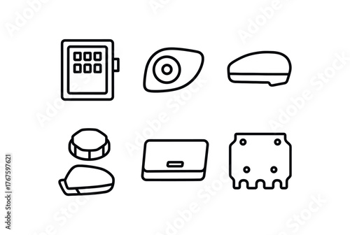 simple outline stroke icon isolated on white background fuse box casings headlamp housings fluid cap lids glovebox parts side mirror covers underbody shields