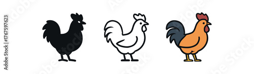 rooster farm bird icon on white background Black silhouette flat icon outline icon and colored icon style. three minimal vector icon style