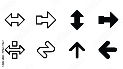 Set of eight different black arrow icons, representing various directions and movement in a simple design