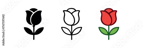rose flower bloom icon on white background Black silhouette flat icon outline icon and colored icon style. three minimal vector icon style