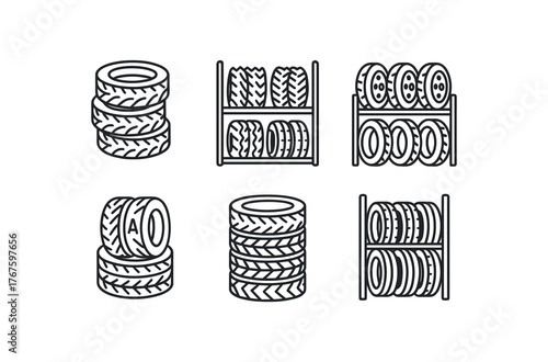simple outline stroke icon isolated on white background all season tire stacks off road tire shelf steel rack mounted tires sidewall marked bundles shrink wrapped tire set vertical tire rack