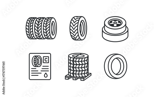 simple outline stroke icon isolated on white background performance tires row winter tire stock compact spare storage coded tire labels pallet wrapped tires unmounted tire ring