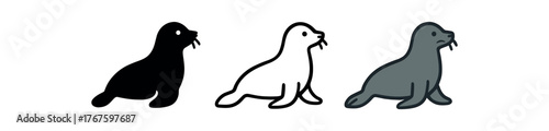 seal flipper mammal icon on white background Black silhouette flat icon outline icon and colored icon style. three minimal vector icon style