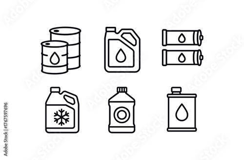 simple outline stroke icon isolated on white background motor oil drums transmission fluid jugs grease cartridge packs coolant containers brake fluid bottles oil additive cans