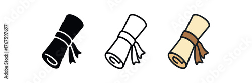 scroll tied sheet icon on white background Black silhouette flat icon outline icon and colored icon style. three minimal vector icon style