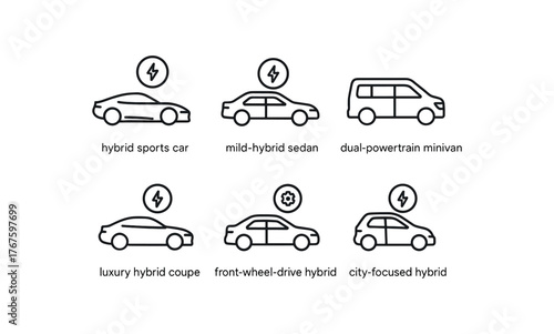 simple outline stroke icon isolated on white background hybrid sports mild hybrid sedan dual powertrain minivan luxury hybrid coupe front wheel drive hybrid city focused hybrid