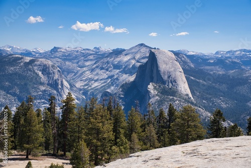 View from Sentinel Dome in Yosemite National Park, California, overlooking Half Dome. Wonderful nature and mountain scenery in the Sierra Nevada region. Travel in the USA. High quality photo