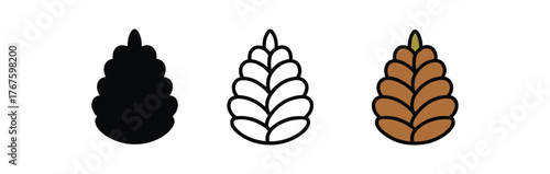 pinecone forest seed icon on white background Black silhouette flat icon outline icon and colored icon style. three minimal vector icon style