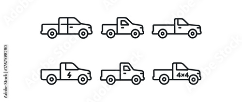 simple outline stroke icon isolated on white background extended cab truck compact utility pickup long bed work truck hybrid powertrain pickup single cab commercial four wheel drive truck