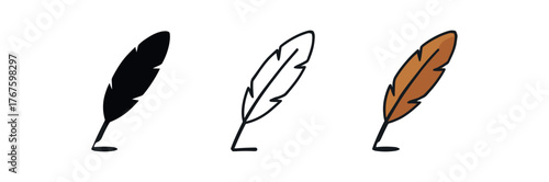 quill feather pen icon on white background Black silhouette flat icon outline icon and colored icon style. three minimal vector icon style