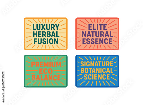 colorful label set with bold modern typography and starburst rays flat vector illustration style isolated on white background effects containing phrases like Luxury Herbal Fusion Elite