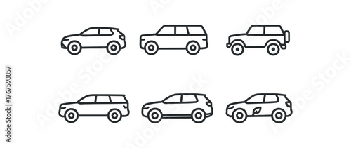 simple outline stroke icon isolated on white background compact crossover SUV full size utility SUV off road capable SUV three row family SUV luxury midsize SUV hybrid all terrain SUV