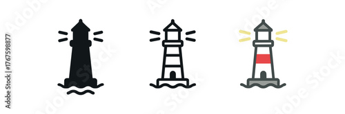 lighthouse coastal tower icon on white background Black silhouette flat icon outline icon and colored icon style. three minimal vector icon style