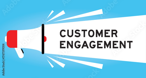 Color megaphone icon with word customer engagement in white banner on blue background