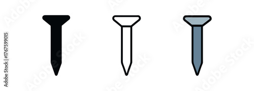 nail iron pin icon on white background Black silhouette flat icon outline icon and colored icon style. three minimal vector icon style