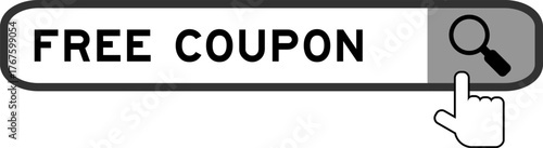 Search banner in word free coupon with hand over magnifier icon on white background