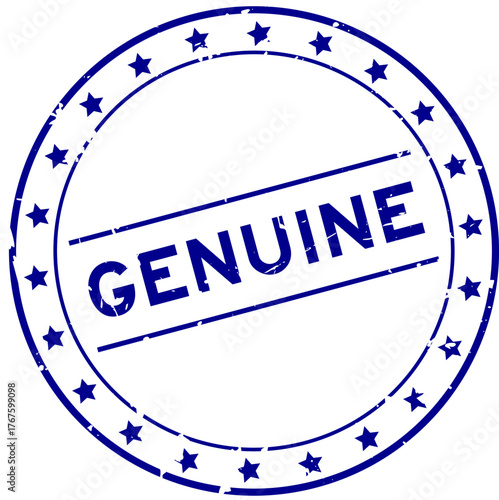 Grunge blue genuine word round rubber seal stamp on white background