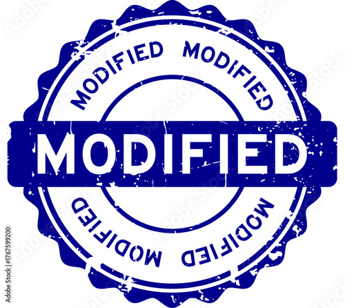 Grunge blue modified word round rubber seal stamp on white background