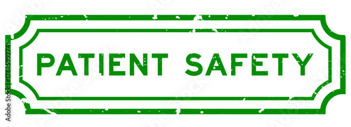 Grunge green patient safety word rubber seal stamp on white background