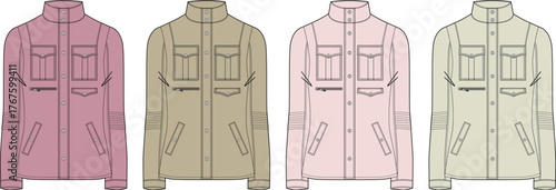 Vector illustration of a versatile utility jacket design in four pastel colors, featuring practical front pockets and a structured collar, perfect for fashion concepts
