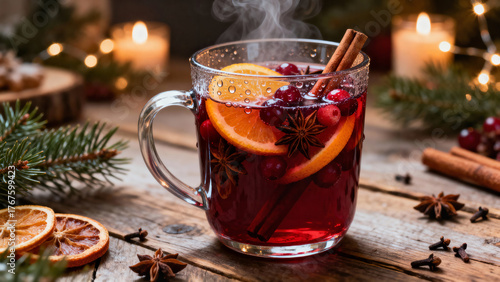 Hot mulled wine with cinnamon and orange slices on wooden table  