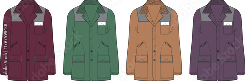 Collection of professional work uniform jackets in various colors, featuring practical pockets and badge holders. Ideal for service industry staff and corporate teams