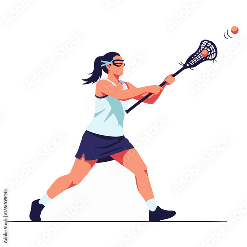 Dynamic Female Lacrosse Player in Action, Holding Stick and Ball. Sportswoman Illustration for Athletic Concepts.