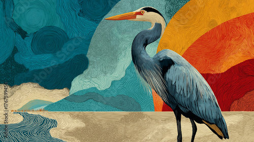 Great blue heron stands in abstract wetland with vibrant earthy tones and textured background